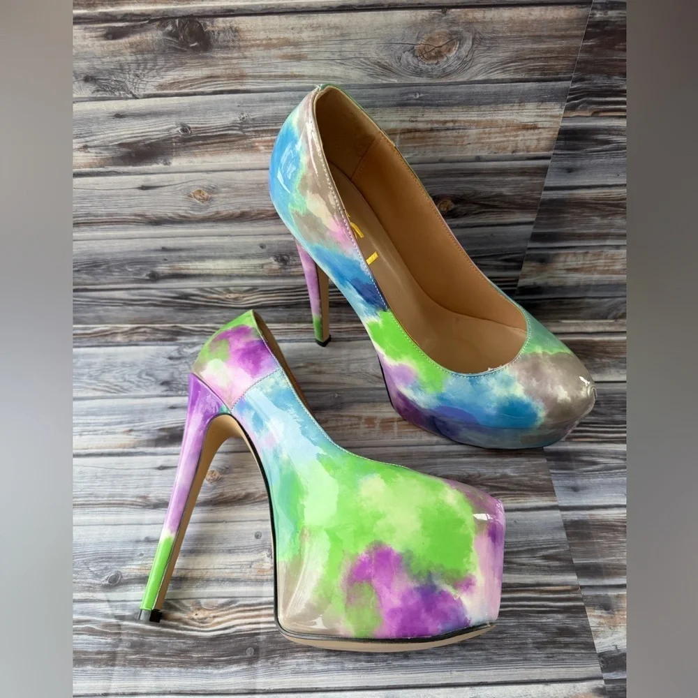 FSJ Colorful Dye Print Pumps Platform Stiletto Heels